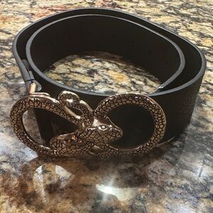 Express Black Belt with Gold Textured Snake Buckle